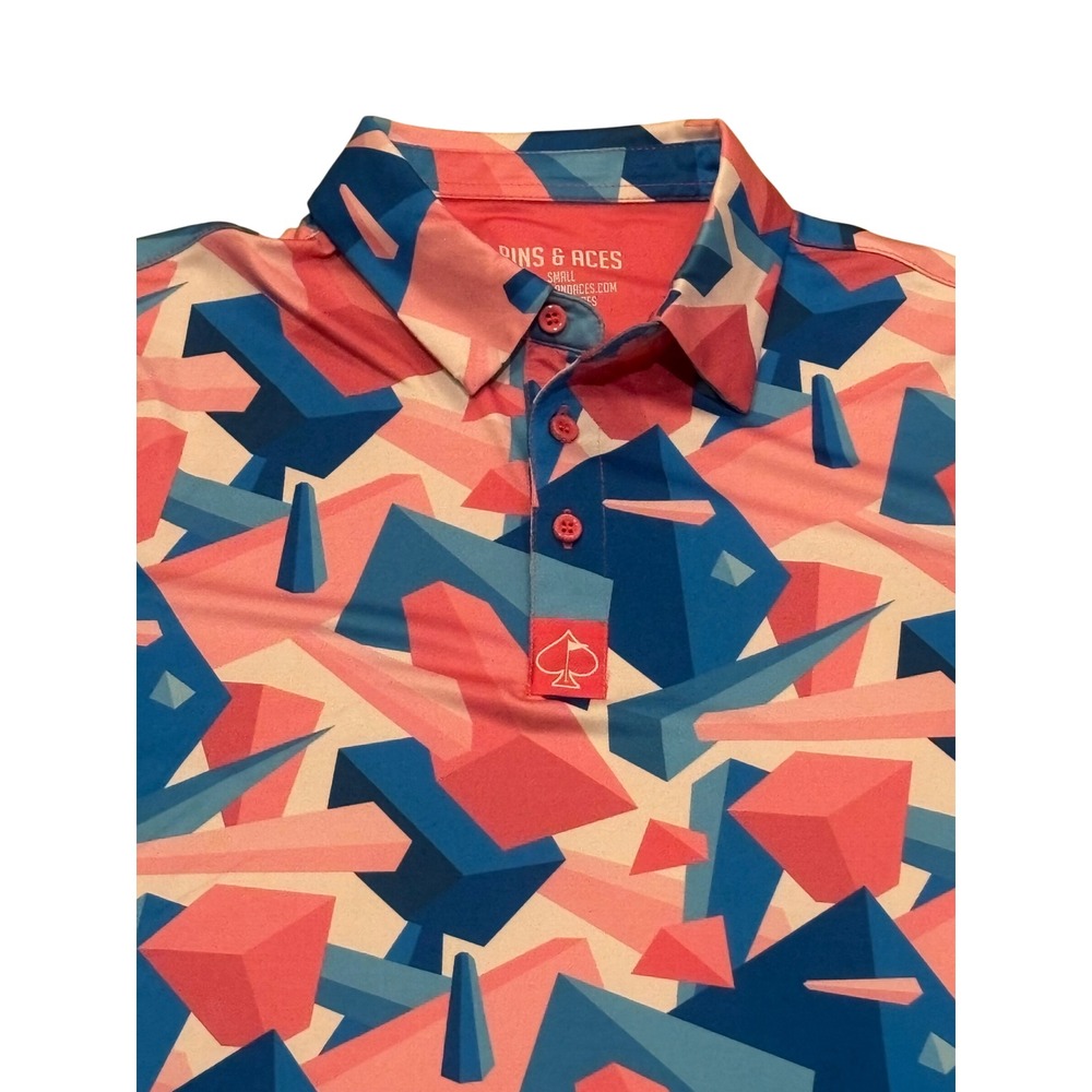 Pins & Aces Mens Small Pink Blue Geometric 3D Prism Performance Golf Polo Shirt
